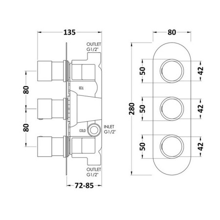 RNDTR02 Hudson Reed Round Triple Concealed Thermostatic Shower Valve Line Drawing