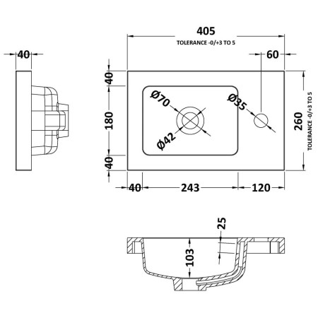 PMB301 Hudson Reed Ruby 400mm Side Tap Polymarble Basin 1TH Line Drawing