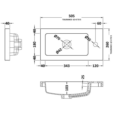 PMB302 Hudson Reed Ruby 500mm Side Tap Polymarble Basin 1TH Line Drawing