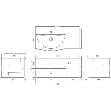 SAR802L Hudson Reed Sarenna 1000mm LH Wall Hung Vanity Unit with Basin in Hunter Green Line Drawing