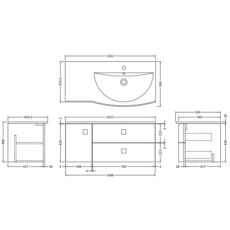 SAR802R Hudson Reed Sarenna 1000mm RH Wall Hung Vanity Unit with Basin in Hunter Green Line Drawing