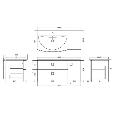 SAR202L Hudson Reed Sarenna 1000mm Wall Hung Cabinet & Basin Dove Grey Left Hand Line Drawing