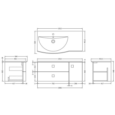 SAR302L Hudson Reed Sarenna 1000mm Wall Hung Cabinet & Basin Mineral Blue Left Hand Line Drawing