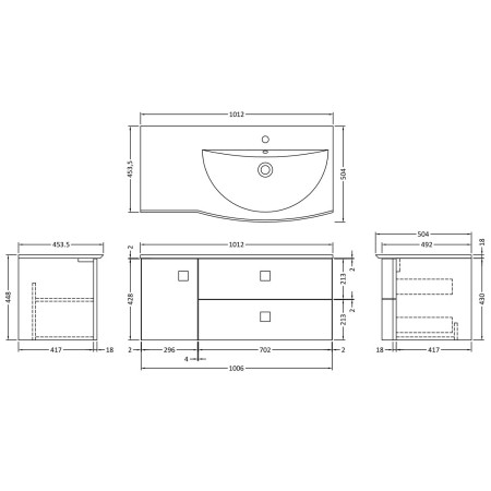 SAR302R Hudson Reed Sarenna 1000mm Wall Hung Cabinet & Basin Mineral Blue Right Hand Line Drawing