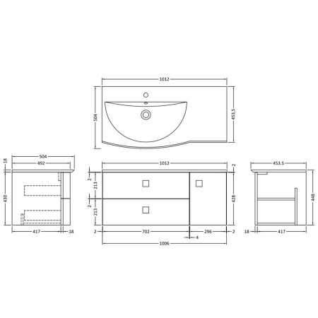 SAR102L Hudson Reed Sarenna 1000mm Wall Hung Cabinet & Basin Moon White Left Hand Line Drawing
