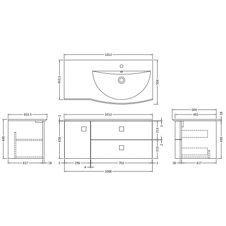 SAR102R Hudson Reed Sarenna 1000mm Wall Hung Cabinet & Basin Moon White Right Hand Line Drawing