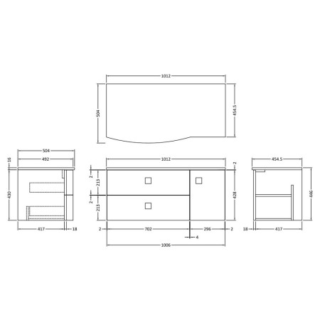SAR203L Hudson Reed Sarenna 1000mm Wall Hung LH Dove Grey Vanity Unit and White Marble Top Line Drawing