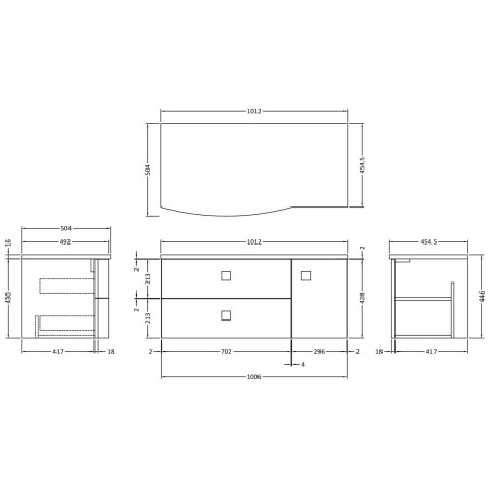 SAR803L Hudson Reed Sarenna 1000mm Wall Hung LH Hunter Green Vanity Unit and White Marble Top Line Drawing