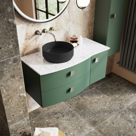 SAR803L Hudson Reed Sarenna 1000mm Wall Hung LH Hunter Green Vanity Unit and White Marble Top Lifestyle