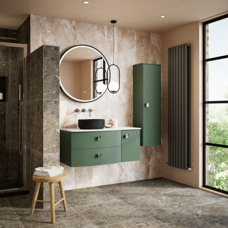 SAR803L Hudson Reed Sarenna 1000mm Wall Hung LH Hunter Green Vanity Unit and White Marble Top with Black Vessel Basin