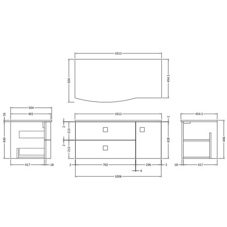 SAR305L Hudson Reed Sarenna 1000mm Wall Hung LH Mineral Blue Vanity Unit and Grey Marble Top Line Drawing