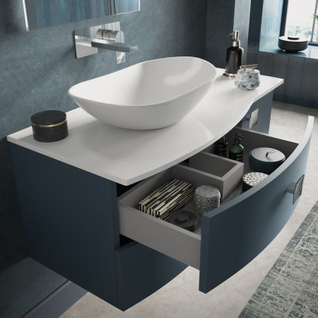 SAR303L Hudson Reed Sarenna 1000mm Wall Hung LH Mineral Blue Vanity Unit and White Marble Top Lifestyle