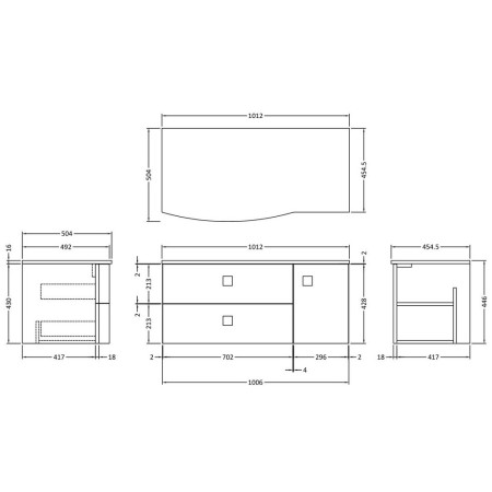 SAR105L Hudson Reed Sarenna 1000mm Wall Hung LH Moon White Vanity Unit and Grey Marble Top Line Drawing