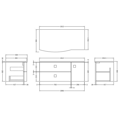 SAR103L Hudson Reed Sarenna 1000mm Wall Hung Left Handed Vanity Unit with White Marble Top Line Drawing