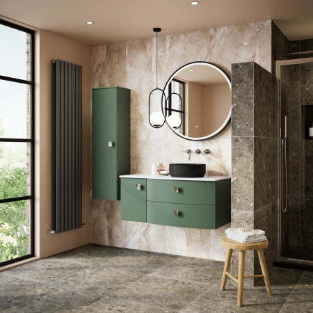 SAR803R Hudson Reed Sarenna 1000mm Wall Hung RH Hunter Green Vanity Unit and White Marble Top with Black Vessel Basin