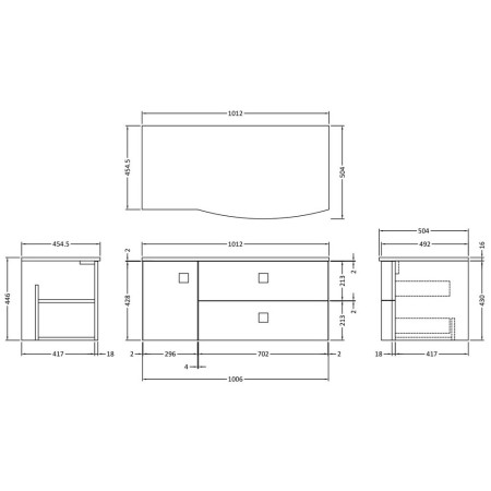 SAR305R Hudson Reed Sarenna 1000mm Wall Hung RH Mineral Blue Vanity Unit and Grey Marble Top Line Drawing