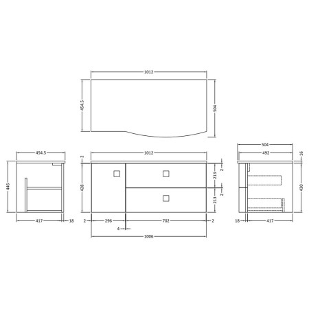SAR105R Hudson Reed Sarenna 1000mm Wall Hung RH Moon White Vanity Unit and Grey Marble Top Line Drawing