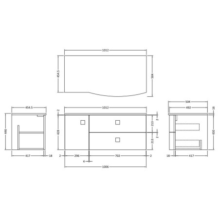 SAR103R Hudson Reed Sarenna 1000mm Wall Hung RH Moon White Vanity Unit and White Marble Top Line Drawing