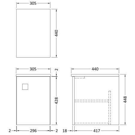 SAR860 Hudson Reed Sarenna 300mm Hunter Green Wall Hung Side Unit Line Drawing