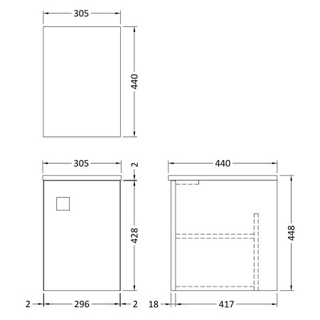 SAR360 Hudson Reed Sarenna 300mm Mineral Blue Wall Hung Side Unit Line Drawing