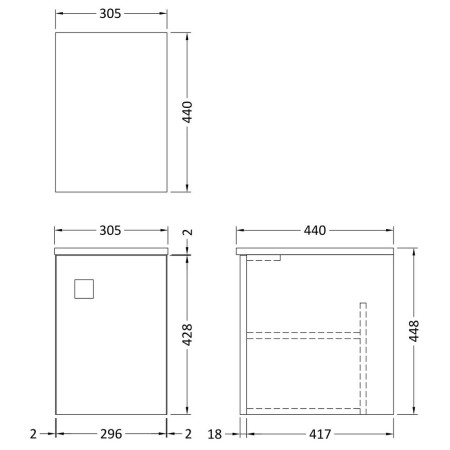 SAR160 Hudson Reed Sarenna 300mm Moon White Wall Hung Side Unit Line Drawing