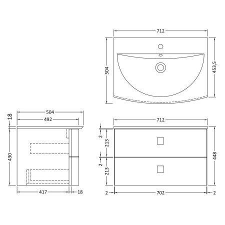 SAR201 Hudson Reed Sarenna 700mm Wall Hung Cabinet & Basin Dove Grey Line Drawing
