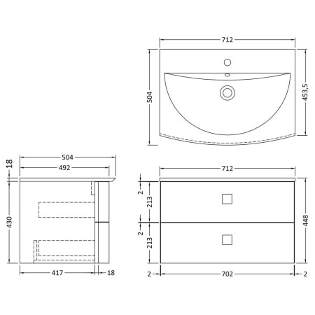 SAR301 Hudson Reed Sarenna 700mm Wall Hung Cabinet & Basin Mineral Blue Line Drawing