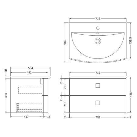 SAR101 Hudson Reed Sarenna 700mm Wall Hung Cabinet & Basin White Line Drawing