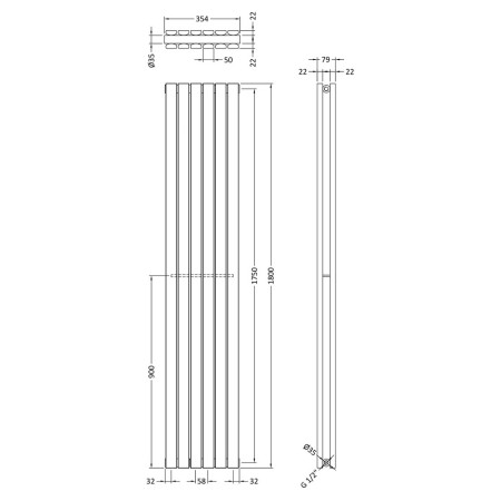HLA74 Hudson Reed Sloane Double Radiator Anthracite 1800mm x 354mm Line Drawing