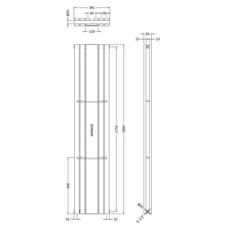 HLW64 Hudson Reed Sloane Double Radiator With Mirror 1800mm x 381mm Line Drawing