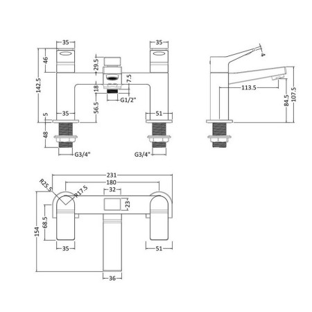 SOA304 Hudson Reed Soar Bath Shower Mixer Line Drawing