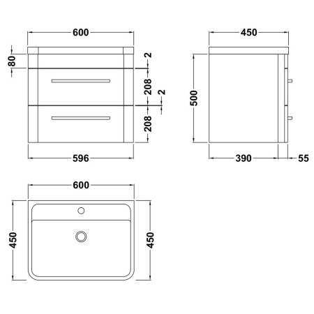 SOL102 Hudson Reed Solar 600mm Wall Hung Pure White Vanity Unit with Basin Line Drawing
