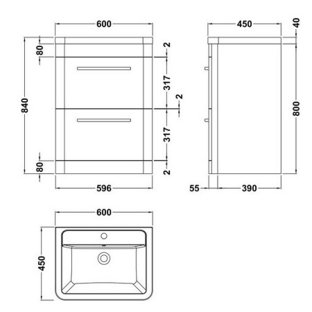 SOL301 Hudson Reed Solar 600mm Floor Standing Indigo Blue Vanity Unit with Basin Line Drawing