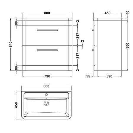 SOL103 Hudson Reed Solar 800mm Floor Standing Pure White Vanity Unit with Basin Line Drawing