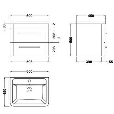 SOL302 Hudson Reed Solar 600mm Wall Hung Indigo Blue Vanity Unit with Basin Line Drawing