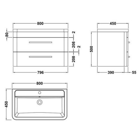 SOL304 Hudson Reed Solar 800mm Wall Hung Indigo Blue Vanity Unit with Basin Line Drawing