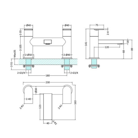 SOT303 Hudson Reed Sottile Bath Filler Line Drawing