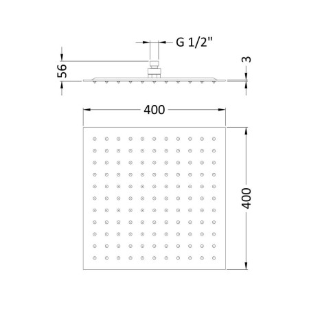 HEAD45 Hudson Reed Square Slim Stainless Steel 400mm Fixed Shower Head Line Drawing