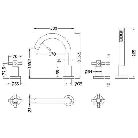 TEX334S Hudson Reed Tec Crosshead 4 Tap Hole Bath Mixer Line Drawing