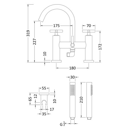 TEX354 Hudson Reed Tec Crosshead Bath Shower Mixer Dimensions