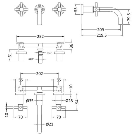 TEX817 Hudson Reed Tec Crosshead Brushed Brass Wall Mounted Basin Mixer Dimensions