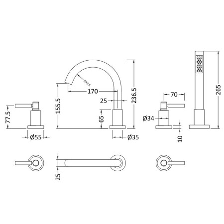 TEL334S Hudson Reed Tec Lever 4 Tap Hole Bath Shower Mixer Line Drawing