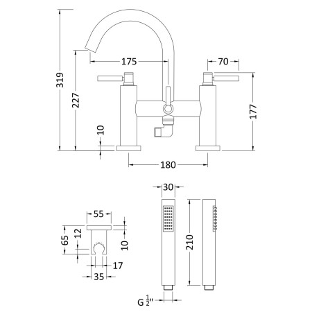TEL354 Hudson Reed Tec Lever Bath Shower Mixer Dimensions