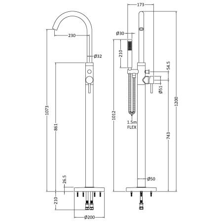 PN421 Hudson Reed Tec Lever Black Floor Standing Bath Shower Mixer Dimensions