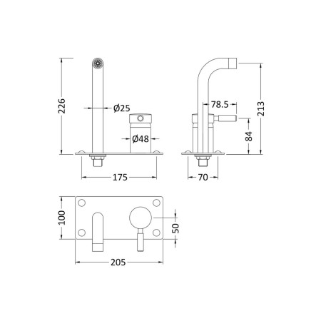 PK428 Hudson Reed Tec Lever Black Wall Mounted Basin Bath Filler Line Drawing