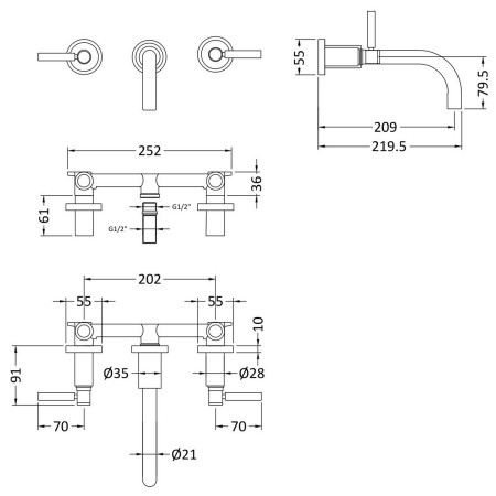 TEL417 Hudson Reed Tec Lever Black Wall Mounted Basin Mixer Line Drawing