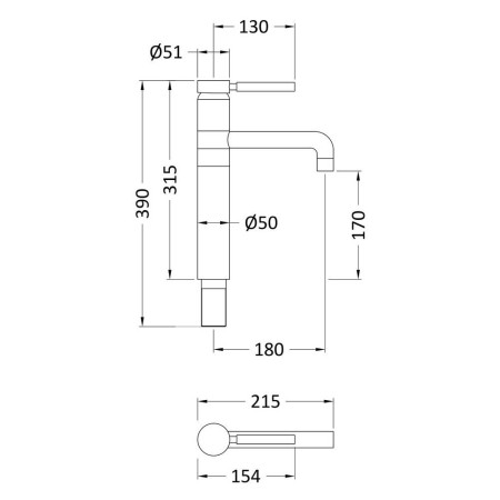 PN870 Hudson Reed Tec Lever Brushed Brass High Rise Basin Mixer Line Drawing