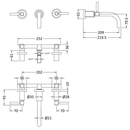 TEL817 Hudson Reed Tec Lever Brushed Brass Wall Mounted Basin Mixer Line Drawing