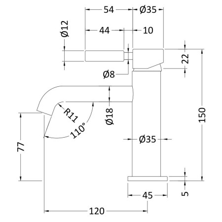 TEL405 Hudson Reed Tec Lever Mono Basin Mixer in Black Line Drawing