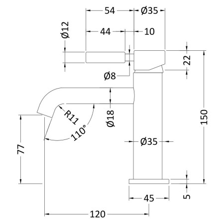 TEL805 Hudson Reed Tec Lever Mono Basin Mixer in Brushed Brass Line Drawing